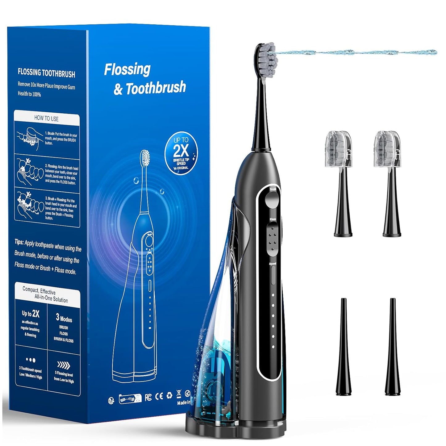 Electric Toothbrush with Water Flosser,Portable Flossing Toothbrush White 8 Mode,IPX8 Waterproof,Equipped Brush Head and Nozzle,for Travel and Home-Black