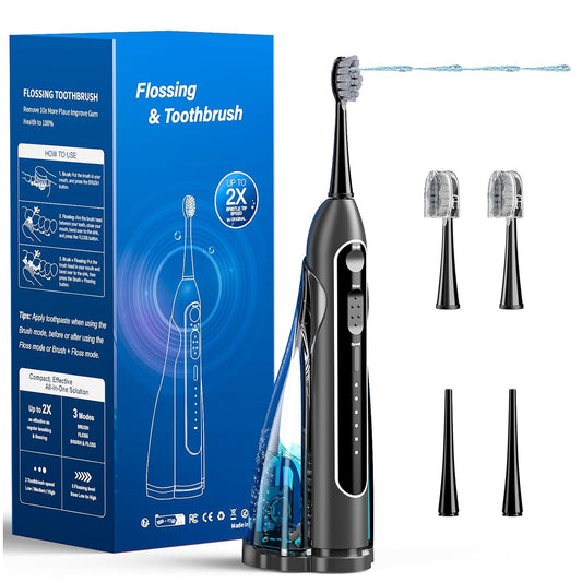 Electric Toothbrush with Water Flosser,Portable Flossing Toothbrush White 8 Mode,IPX8 Waterproof,Equipped Brush Head and Nozzle,for Travel and Home-Black