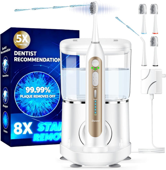 Electric Toothbrush with Water Flosser, Upgrade Flossing Toothbrush Combo with 3 Brush + 1 Nozzle, 5 Floss Speeds&3 Brush Modes, 500mL Tank, 30-Day Battery, for Adults & Teens, Gums, Braces-White