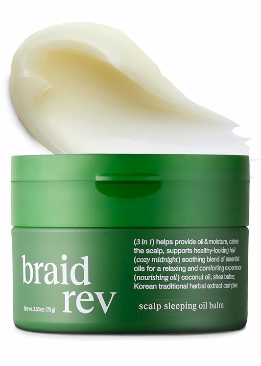 Braid Rev Scalp Sleeping Oil Balm, Korean Scalp Treatment, Balm-to-Oil Formula, Nourishing for Dry Scalp with Coconut & Shea Butter, Reduces Excess Sebum & Strengthens Hair Roots, 2.65 oz
