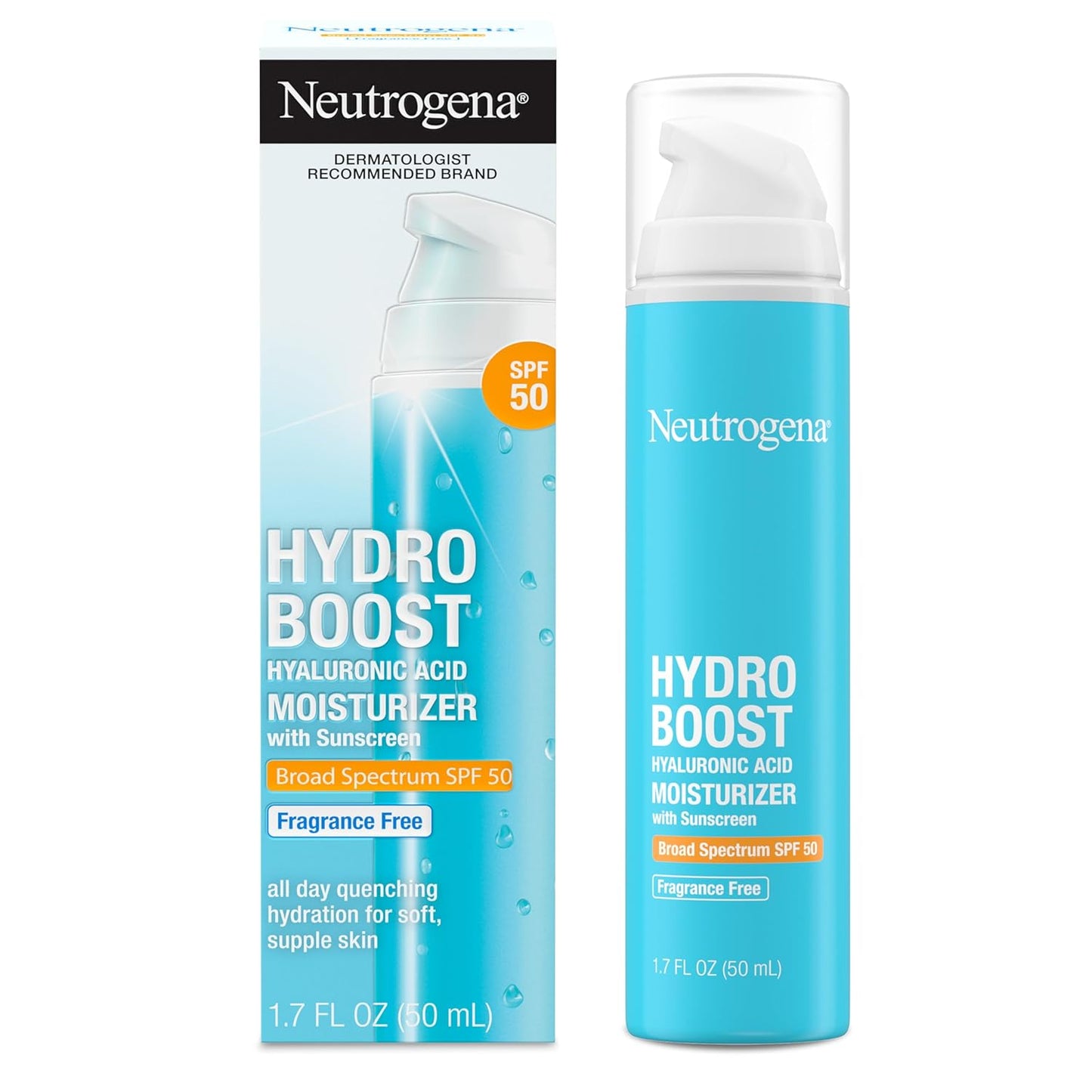 Neutrogena Hydro Boost Hyaluronic Acid Face Moisturizer with Broad Spectrum SPF 50 Sunscreen, Non-Greasy, Fragrance Free Daytime Facial Moisturizer to Hydrate & Soothe Dry Skin, 1.7 fl. oz