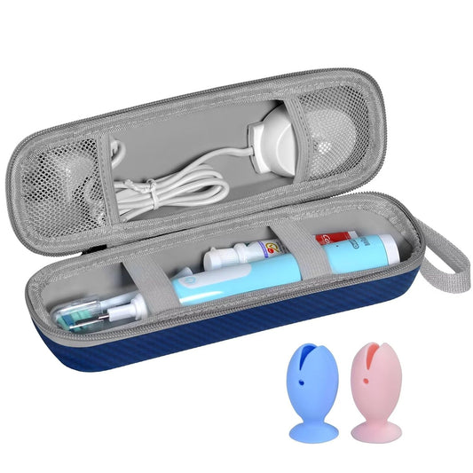 Travel Case for Oral-B/Oral-B Pro/Phlips Sonicare Electric Toothbrush with 2pcs Toothbrush Heads Cover Cap, Portable Hard Protective Storage Bag with Accessories Storage (Blue)