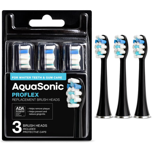 AquaSonic Genuine Proflex Replacement Brush Heads | ADA Accepted | for Whiter Teeth & Gum Care | Compatible with Many AquaSonic Toothbrush Handles (3 Pack Black)