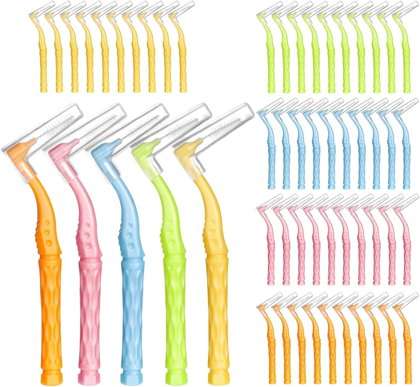 50pcs Interdental Brushes, 5 Sizes Braces Brush Set Soft Dental Brushes with Non-Slip Handle Angled Head Tooth Picks Floss Sticks Dental Floss Brushes for Braces Oral Cleaning