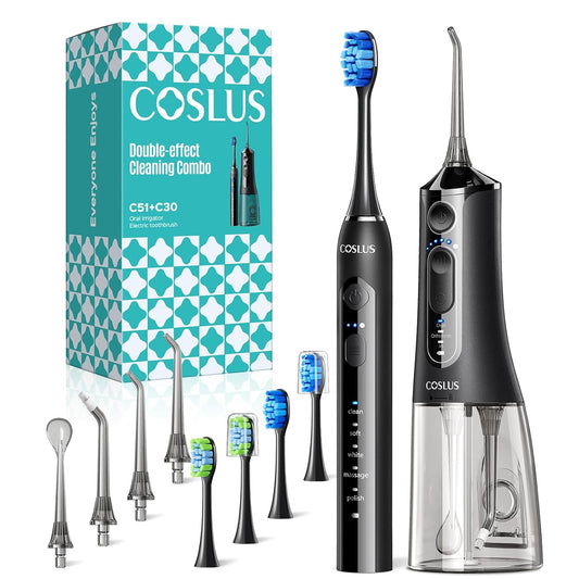 COSLUS Electric Toothbrush with Water Flosser Combo: Portable Oral Clean Kit for Teeth Brushing & Flossing, Multiple Modes for Multiple Users, Cordless for Home & Travel Use, Black, C51C30