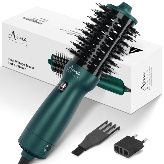 Aima Beauty Hair Dryer Brush Dual Voltage Worldwide Travel Blow Dryer Brush Hot Air Brush Oval Barrel 110-120V/220-240V 360°Airflow,Negative Ionic Frizz-Free Dry/Straightening/Voluming, Dark Green