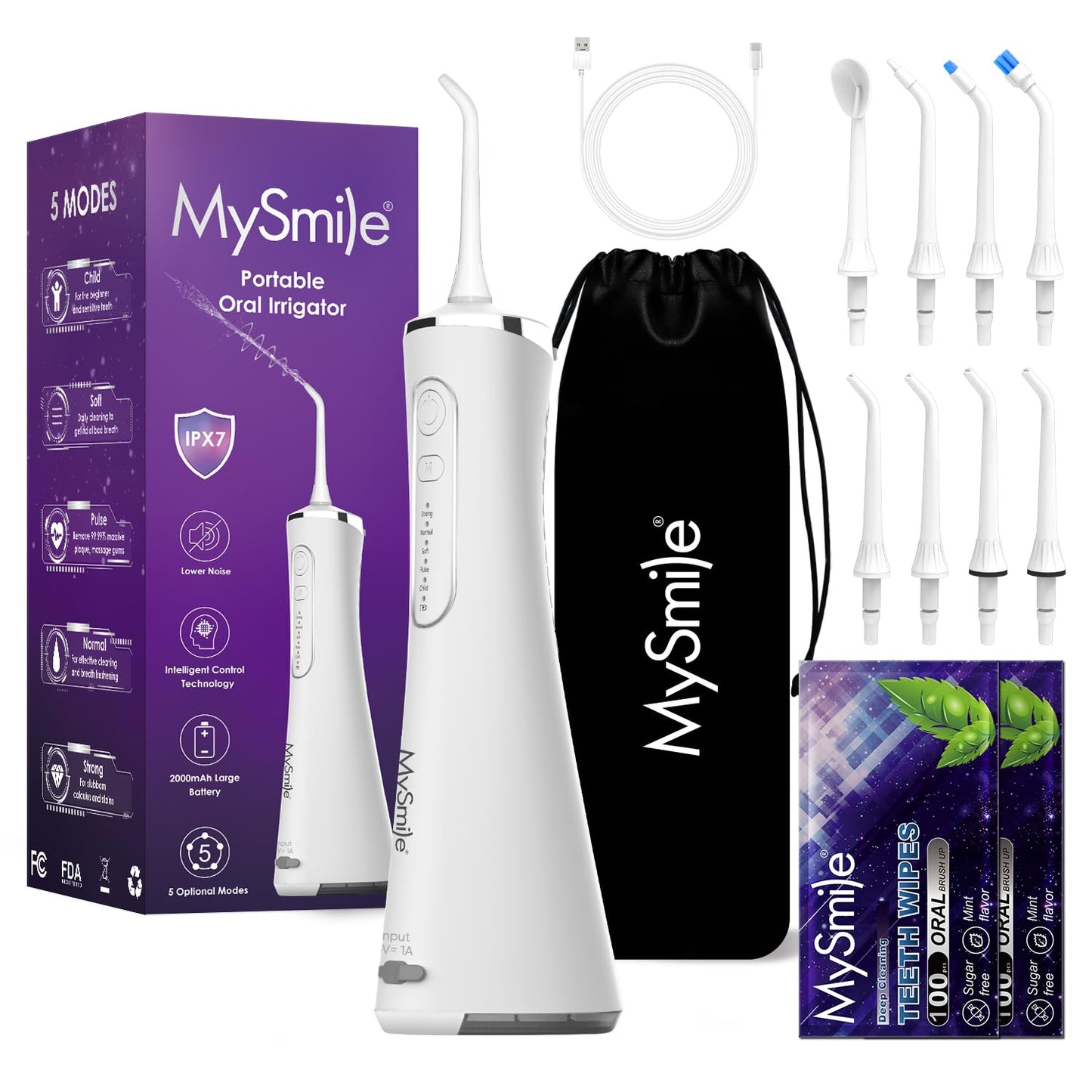 MySmile LP211 Water Flosser Cordless for Teeth, 5 Modes Portable Oral Irrigator, 260ML Water Dental Picks for Sensitive Teeth Cleaning, IPX7 Travel Rechargeable Water Flossing &2 Teeth Wipes