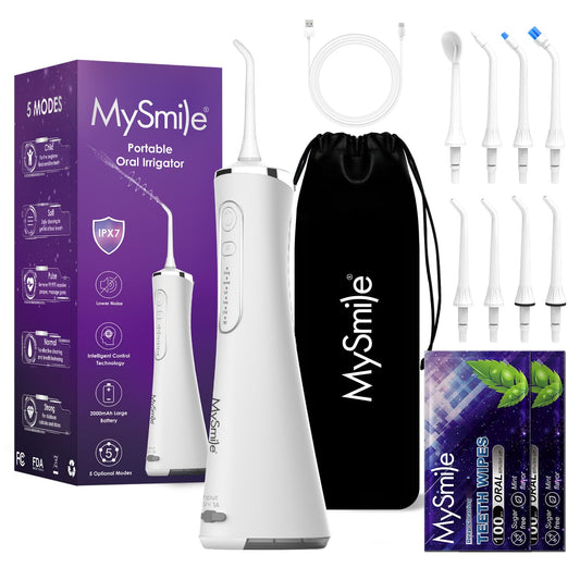 MySmile LP211 Water Flosser Cordless for Teeth, 5 Modes Portable Oral Irrigator, 260ML Water Dental Picks for Sensitive Teeth Cleaning, IPX7 Travel Rechargeable Water Flossing &2 Teeth Wipes