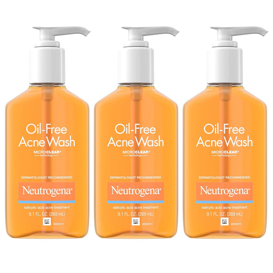 Neutrogena Oil-Free Acne Wash, Acne Fighting Facial Cleanser with Salicylic Acid Medicine, Acne Treatment for Face, Non-Comedogenic, Residue-Free, 9.1 fl oz Pump Bottles, 3 Pack