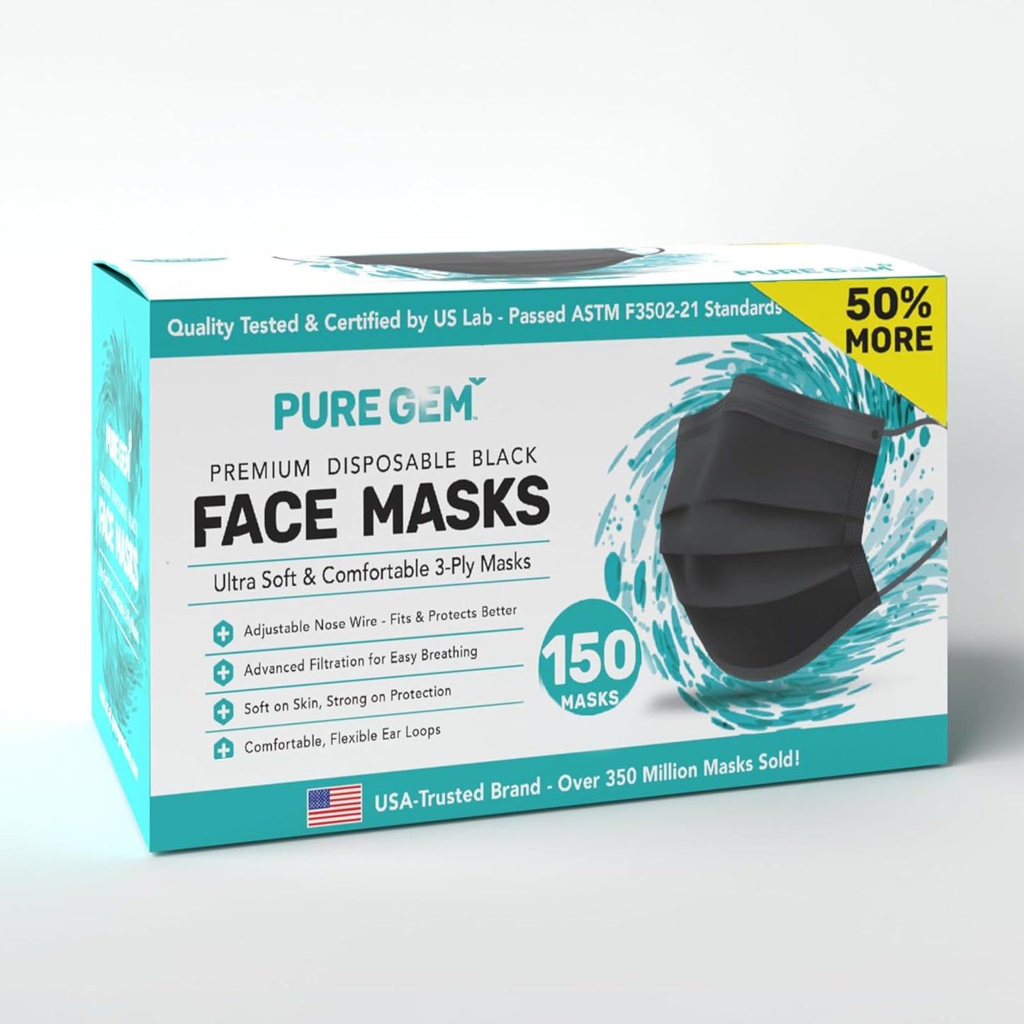 [Pack Of 150] Black Disposable Face Mask, 3-Ply Adult Masks, Facial Cover with Elastic Earloops For Home, Office, School, and Outdoors