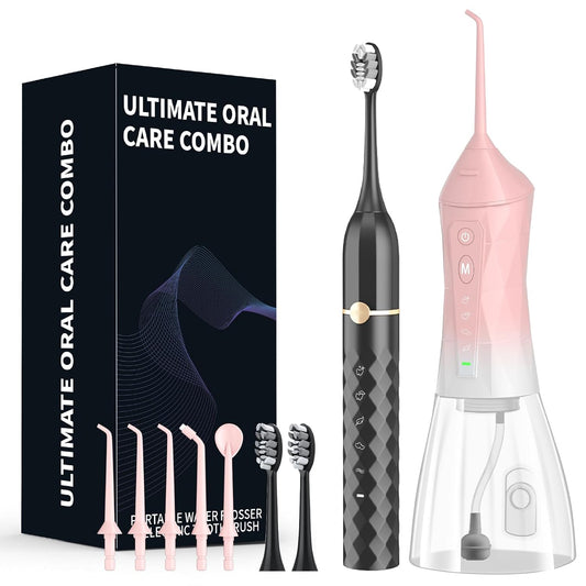 Water flosser+Electric Toothbrush Combination Set -5-Speed Sonic Electric Toothbrush, 4-Speed Portable Water flosser, Super Waterproof, a Great Gift for Friends (Pink)