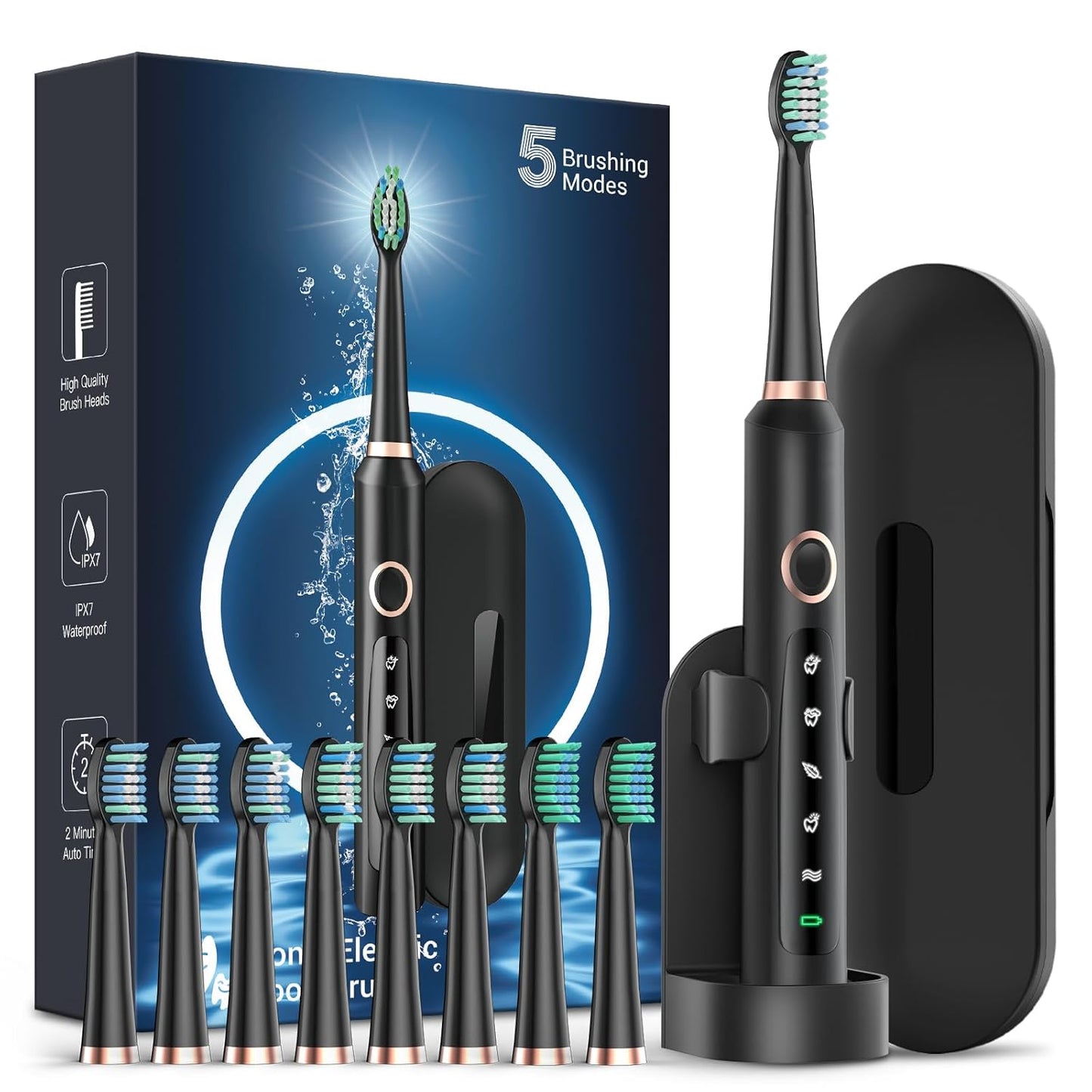 Sonic Electric Toothbrush for Adults - Rechargeable Electric toothbrush with 8 Brush Heads & Travel Case,Teeth Whitening , Power Electric Toothbrush with Holder, 3Hours Charge for 120 Days - Black