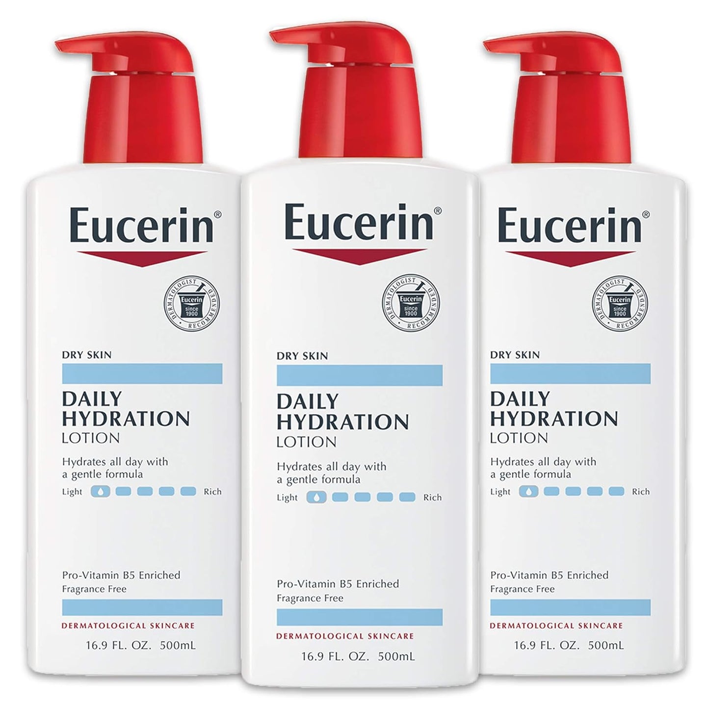 Eucerin Daily Hydration Body Lotion, Unscented Body Lotion for Sensitive Dry Skin, Holiday Gifts for Self Care, 16.9 Fl Oz Pump Bottles, Pack of 3