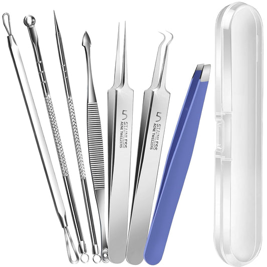 Teenitor 7 Pcs Pimple Popper Tool Kit, Surgical Grade Blackhead Remover Tools, Ingrown Hair Tweezers, Blackhead Extractor Pimple Extractor, Black Head Remover for Face