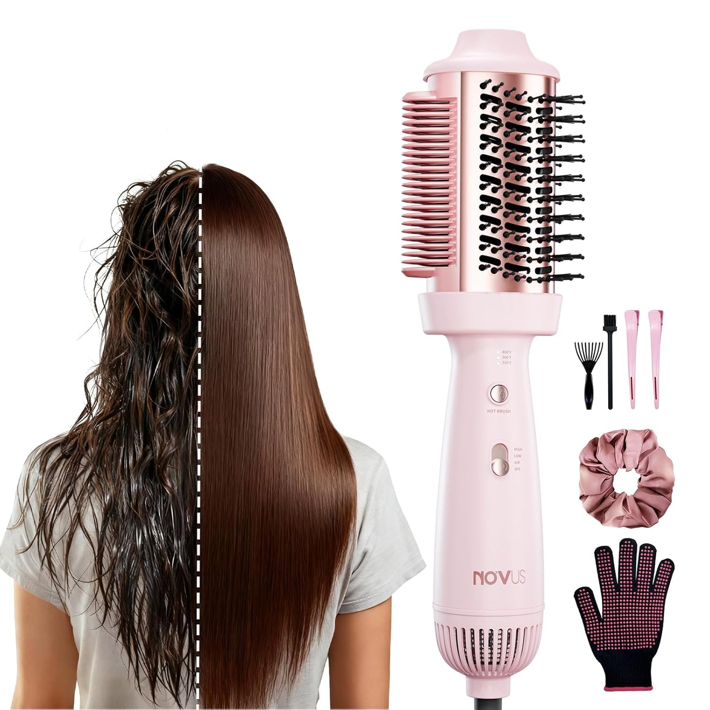 4-in-1 Blow Dryer Brush & Hair Straightener - NOVUS Ionic Hot Air Styler with Titanium Barrel, Volumizer for Frizz-Free Smoothing, Blowout Tool for All Hair Types (Pink)