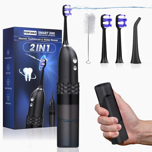 Electric Toothbrush with Water Flosser, 2 in 1 Cordless Toothbrush and Water Flosser Combo,Water Flosser for Travel and Home(Black)