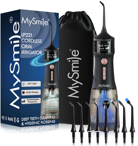 MySmile LP221 Cordless Water Flossers for Teeth with UVC Light Sanitizer and OLED Display, 335ML 4 Modes Water Teeth Cleaner Picks for Teeth Cleaning and Water Flossing (Midnight Black)