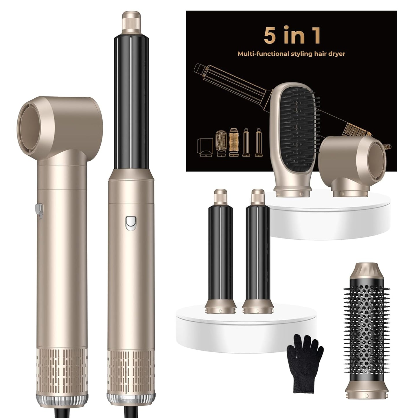 5 in 1 Hair Dryer Brush Set,Professional Negative Ionic Hot Air Styler, Air Curling Wrap Styler,Detachable Blow Dryer Brush With Auto Wrap Curlers,Hair Styling Tools For Straight/Curl/Drying/Smoothing