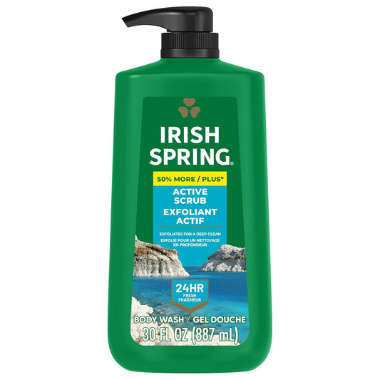 Irish Spring Active Scrub Exfoliating Body Wash for Men, 24-Hour Fresh, Biodegradable Ingredients, Paraben Free, Cool Fresh Scent, 30 fl oz Pump Bottle