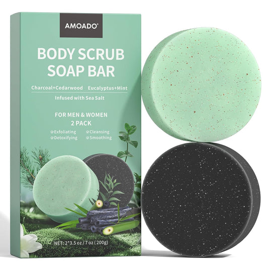 Exfoliating Body Scrub Soaps, 2 Pack Eucalyptus＋Charcoal Exfoliating Soap Bar for Men & Women - Smooth & Soften Skin, Detoxify, Body Exfoliator Bar with Dead Sea Sand