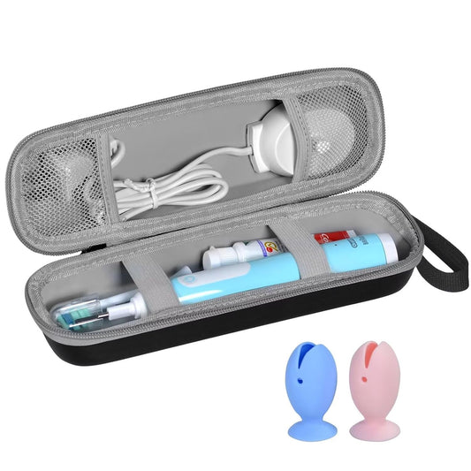 Travel Case for Oral-B/Oral-B Pro/Phlips Sonicare Electric Toothbrush with 2pcs Toothbrush Heads Cover Cap, Portable Hard Protective Storage Bag with Accessories Storage (Black)