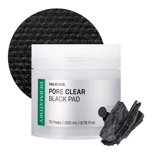 DERMATORY Salicinic Pore Clear Black Pad for Pore Refining with BHA Salicylic Acid, Infused with 5% Charcoal (in fabric only), Facial Exfoliant for Blackheads, Dual-Textured, Korean Skin Care