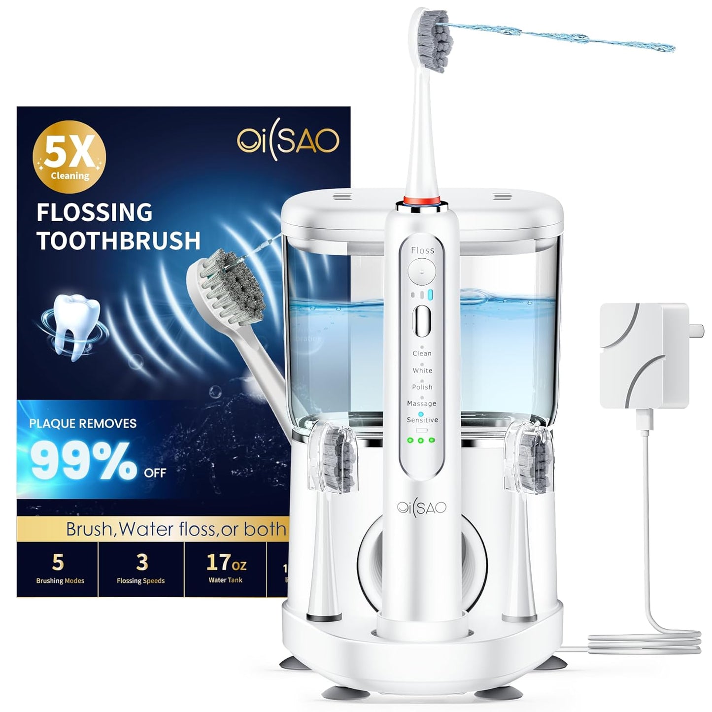 Electric Toothbrush with Water Flosser, Advanced 2.0 Flossing Toothbrush Combo in One with 5 Brush Modes & 3 Floss Speeds,500 ML Cordless,for Adults,Teeth, Gums, Braces, Dental Care,White
