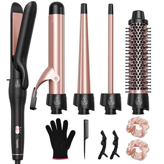 5 in 1 Curling Iron with Thermal Brush and 4 Interchangeable Ceramic Barrels(1/2 to 1 1/2 inch), Curling Wand Set with Flat Iron, Fast Heating, Dual Voltage Hair Curler, Gifts for Women