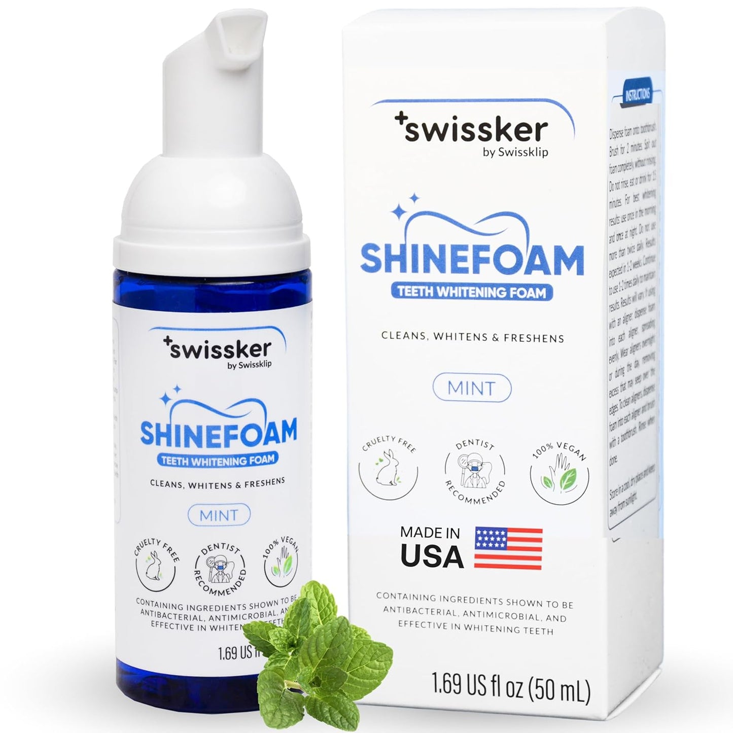Swissker by Swissklip ShineFoam | Teeth Whitening Foam | Mint Flavor Whitening Toothpaste | Teeth Whitener I Professional Teeth Whitening Kit | 100% Vegan - Made in USA - 1.69 oz - Pack 1
