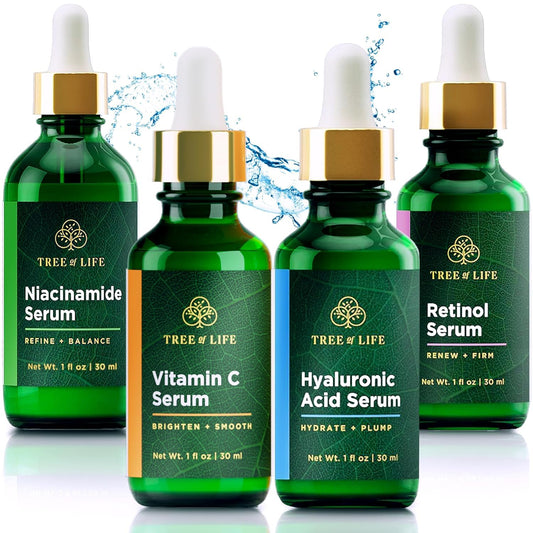 Tree of Life Beauty Facial Skin Care Set, Brightening, Firming, Hydrating, Dry Face, Dermatologist Tested - Niacinamide + Vitamin C + Retinol + Hyaluronic Acid Serum - 4 count of 1 Fl Oz