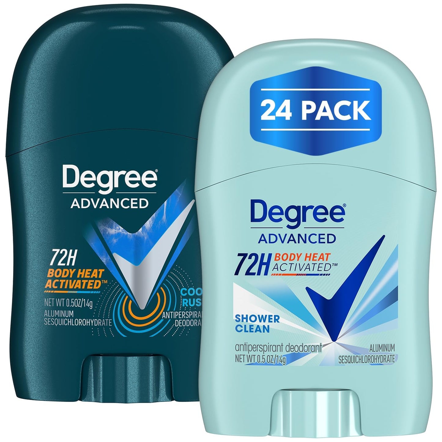 Degree Travel Deodorant Variety 24-Pack (12 Cool Rush + 12 Shower Clean) – 72H Body Heat Activated Mini Antiperspirant, 0.5 Oz Ea