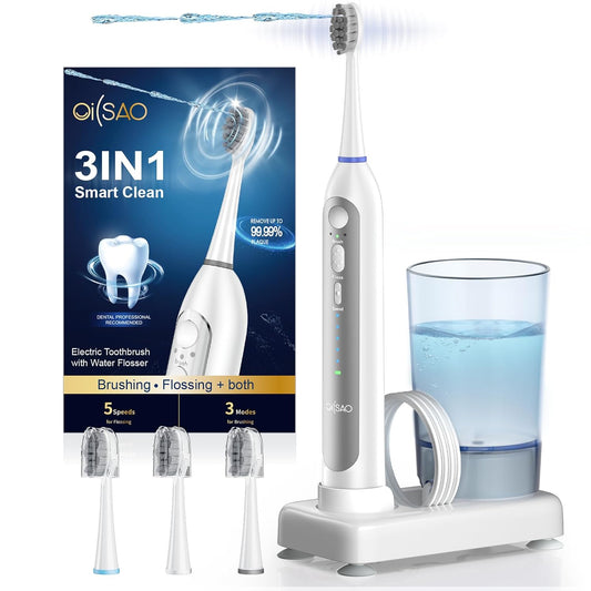 Electric Toothbrush with Water Flosser Combo, All in One Sonic Toothbrush with 3 Modes & 5 Flossing Speeds, Rechargeable & Portable for Adult Teeth Cleaning and Plaque Removal,Pearl White