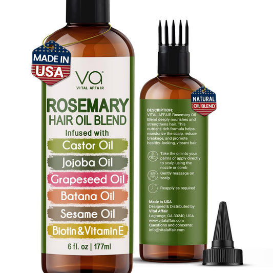VITAL AFFAIR Blend Of Pure Rosemary Oil For Hair Growth With Castor, Batana, Jojoba Oil-Infused With Biotin & Vitamin E-Blend of Effective Hair Oils for Hair Growth-Strengthening Treatment 6 Fl Oz