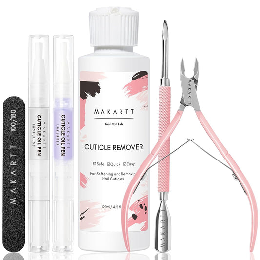 Makartt Cuticle Remover Kit - Nail Care Kit with Cuticle Oil Pen, Cuticle Trimmer, Nail File & 120ml Cuticle Remover Liquid, Nail Manicure Kit for Cuticle Softener & Moisturize