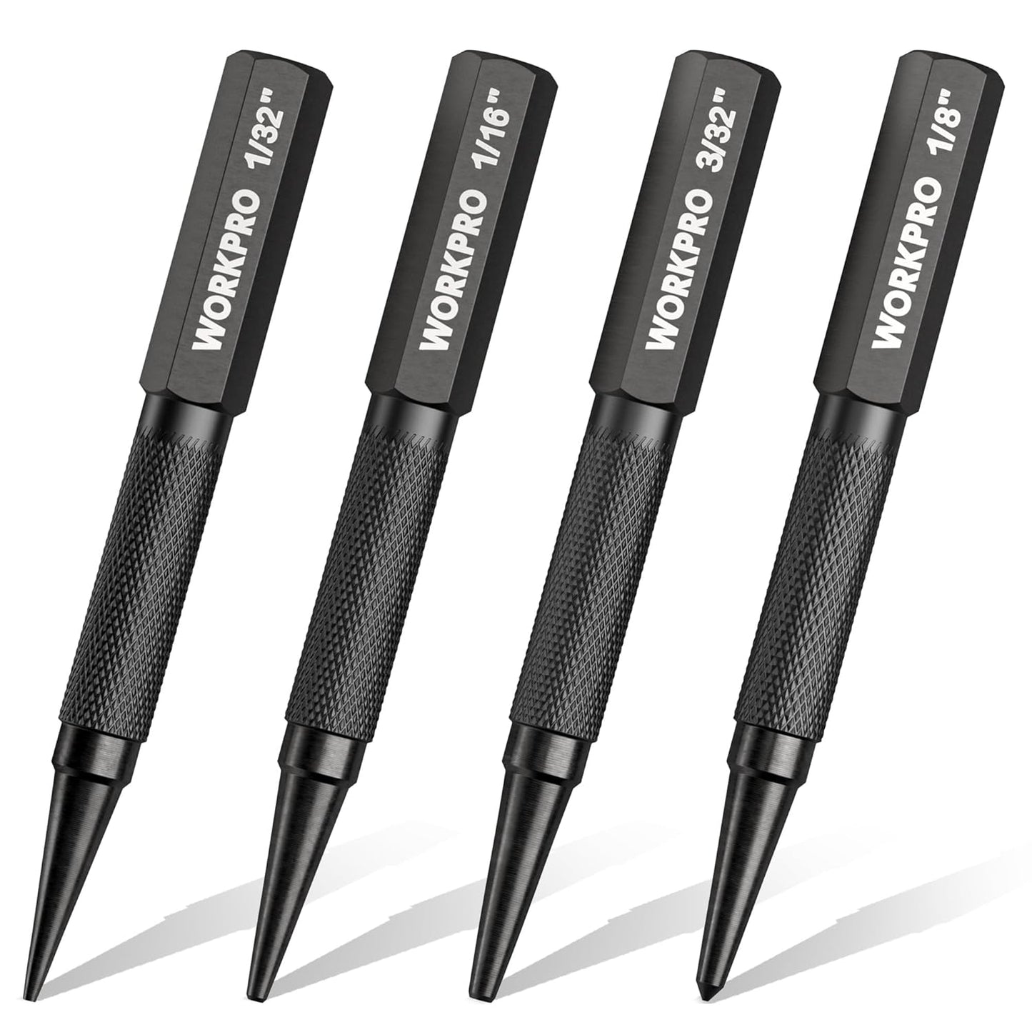 WORKPRO 4-Piece Nail Punch and Center Punch Set, Hardened Cr-V Steel with Knurled Grip,1/32", 1/16", 3/32" Nail Setter & 1/32" Center Punch Tool