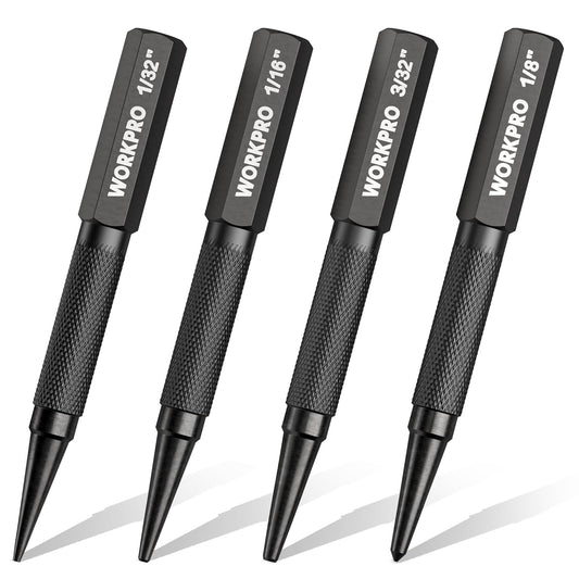 WORKPRO 4-Piece Nail Punch and Center Punch Set, Hardened Cr-V Steel with Knurled Grip,1/32", 1/16", 3/32" Nail Setter & 1/32" Center Punch Tool