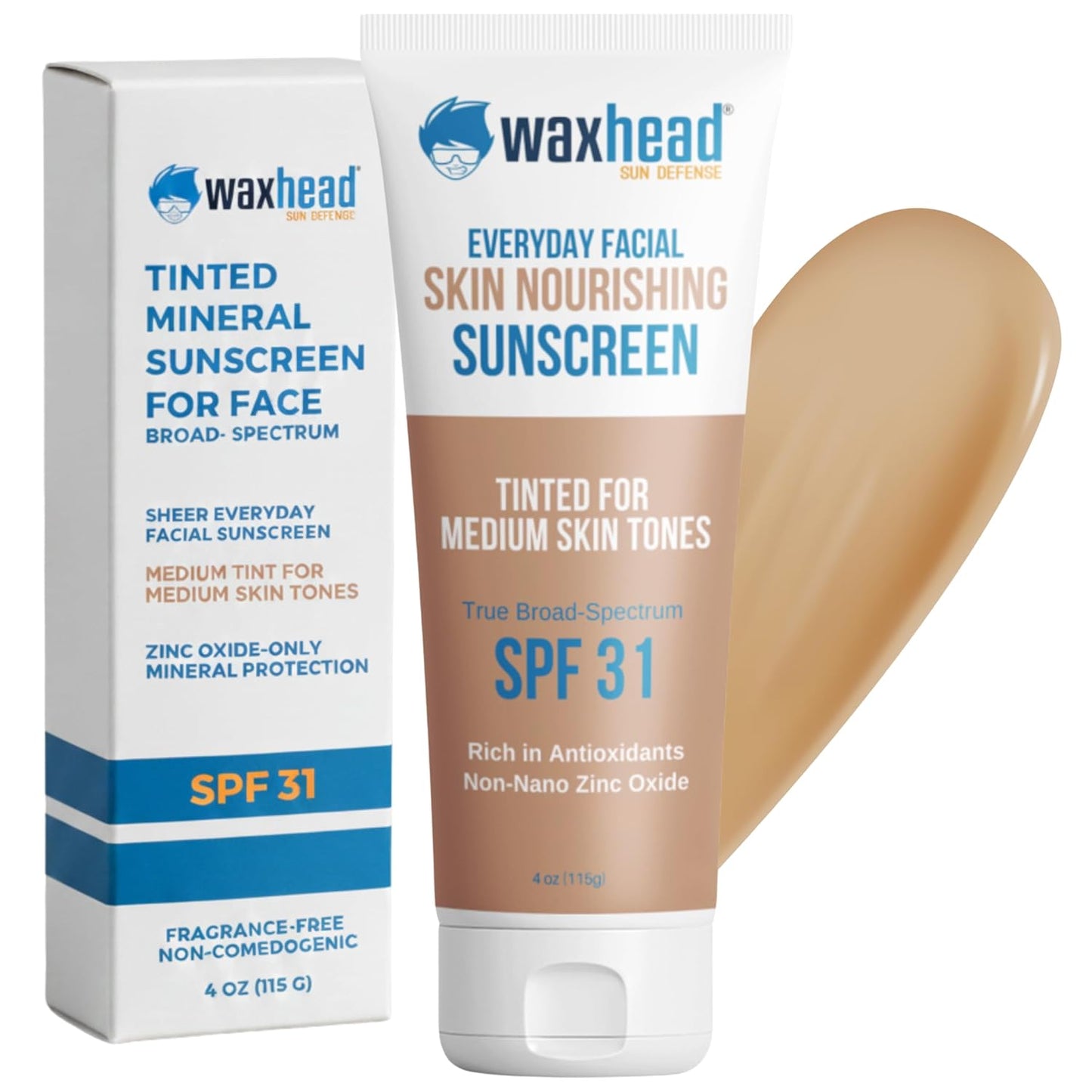 Waxhead Tinted Mineral Sunscreen for Face – Sheer Glow BB Cream Moisturizer with SPF 31, Non-Nano Zinc Oxide, Unscented, Non‑Comedogenic Mineral Facial Sunscreen, Wear under Makeup (Medium Tint 4oz)