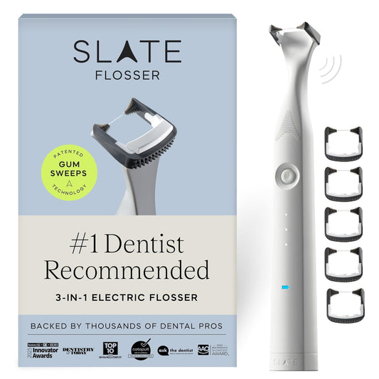 Slate Electric Flosser - Rechargeable | 3-in-1 Dentist-Invented with Reusable Floss Heads, Gum Brushes & Tongue Scraper | More Effective Than String or Water Floss