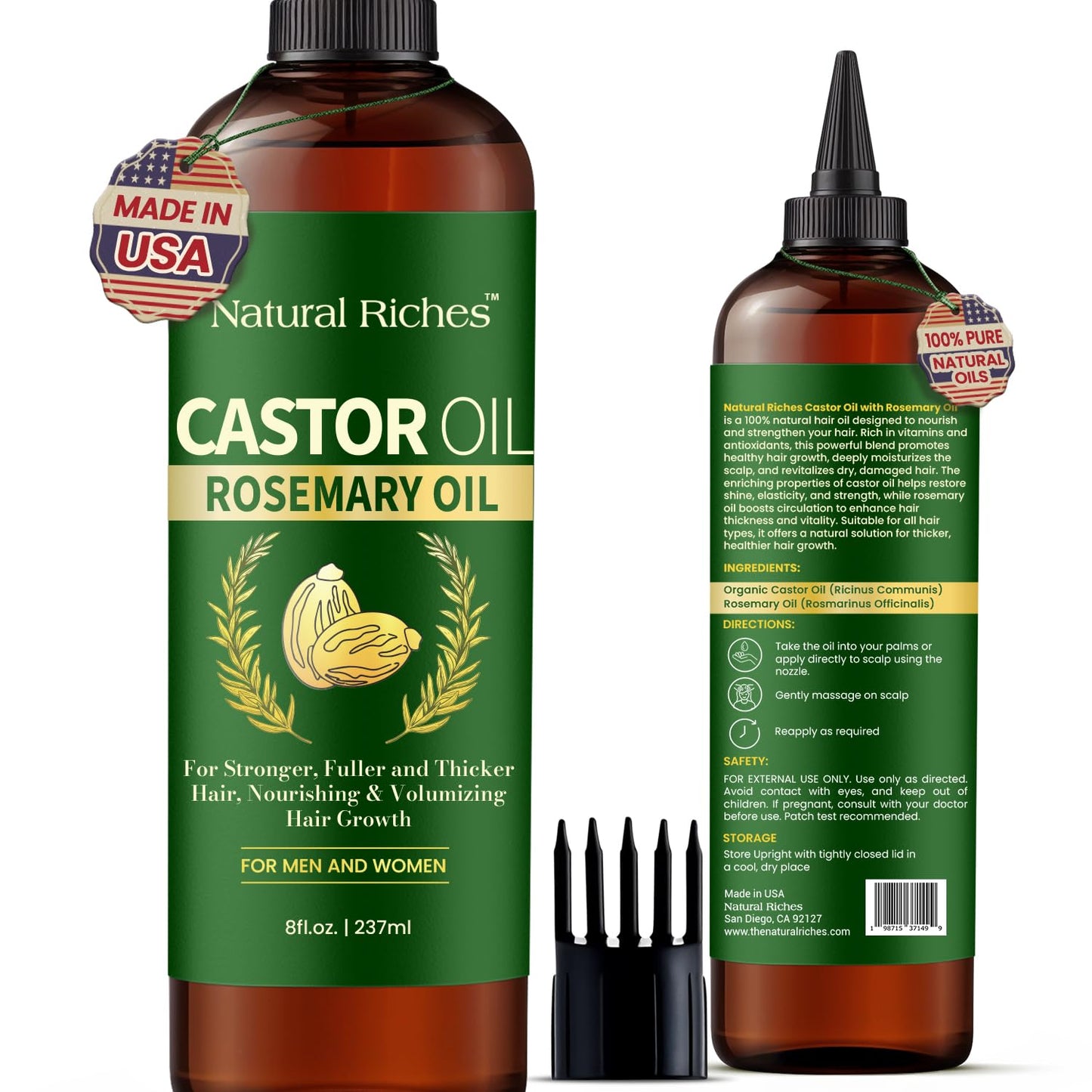 Natural Riches Castor Oil with Rosemary Oil, 8 fl oz, For Stronger, Fuller and Thicker Hair Growth - Organic Castor Oil with Rosemary Oil Premium Grade hair treatment