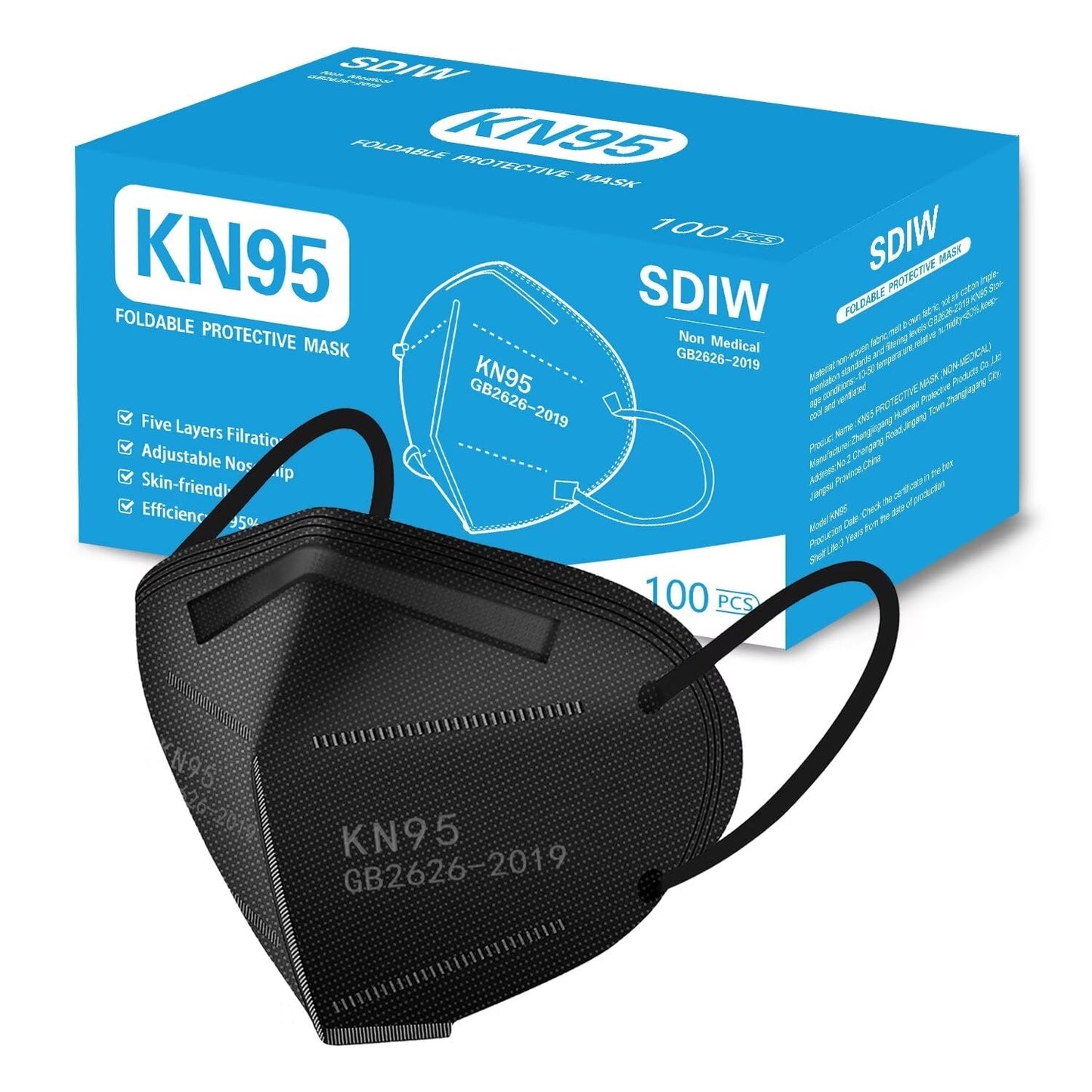 100PCS KN95 Black Face Masks 5 Layer Filter Efficiency≥95% with Elastic Ear Loop and Nose Bridge Clip Breathable Mask