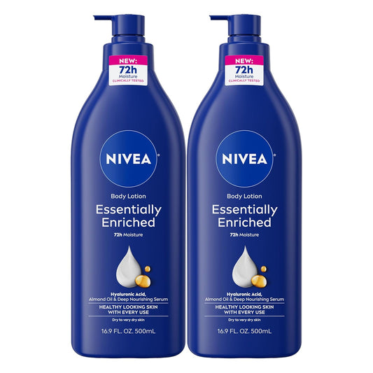 NIVEA Essentially Enriched Body Lotion for Very Dry Skin with Hyaluronic Acid, Almond Oil and Deep Nourishing Serum, 72-Hour Body Moisturizer, 16.9 Fl Oz Pump Bottle, Pack of 2