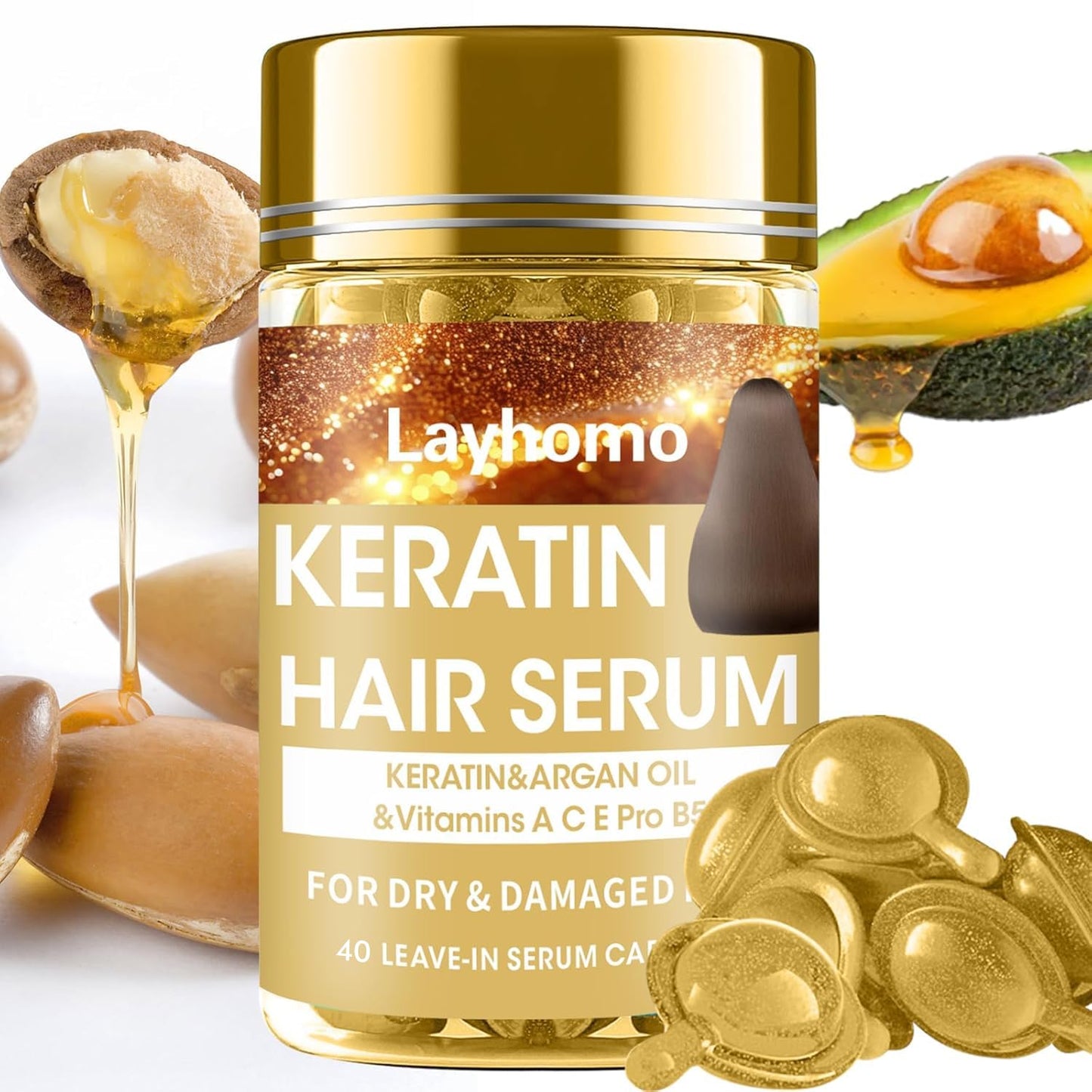 Keratin Hair Treatment Serum,Hair Serum Treatment for Dry Damaged Hair,Hair Oil Capsules with Keratin,Argan Oil-Leave-in Anti Frizz Conditioner with Vitamins A, C, E & B5- No Rinse for All Hair Types