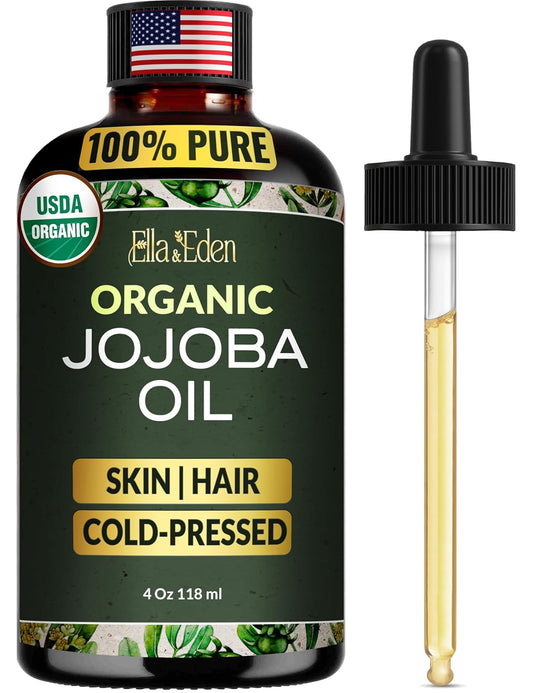 Ella & Eden Organic Jojoba Oil – USDA Certified, Cold-Pressed, 100% Pure & Unrefined, Hexane-Free Oil for Skin, Face, Hair & Nails – 4 Fl Oz Glass Bottle
