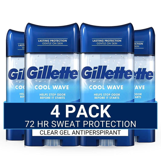 Gillette Antiperspirant and Deodorant for Men, 72hr Sweat & Odor Protection, Long Lasting Freshness, Anti-White Mark Technology, Clear Gel, Cool Wave Scent, 3.8 oz (Pack of 4)