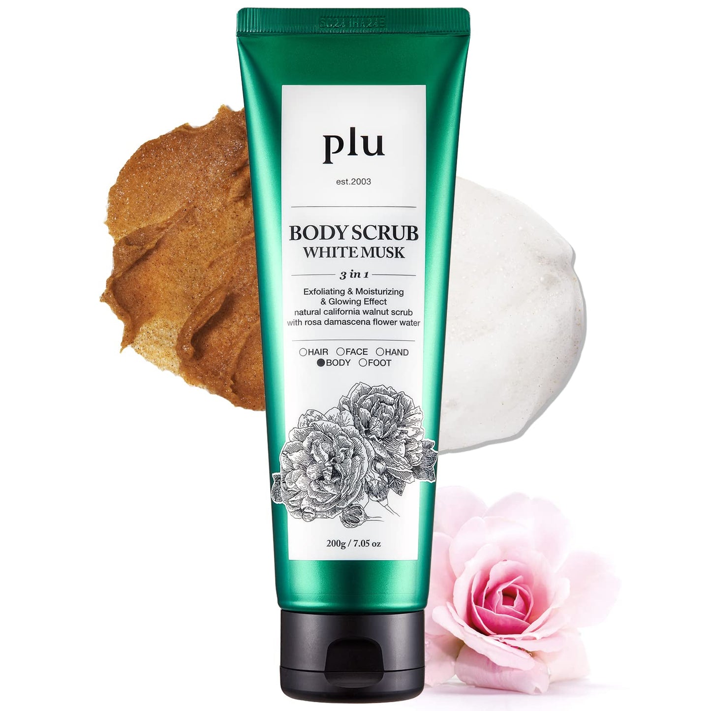 PLU Original Korean Walnut Body Scrub Polish - White Musk - Exfoliating & Hydrating Glow for Smooth, Radiant Skin Texture - Soft Musk Scent, 6.76 oz.