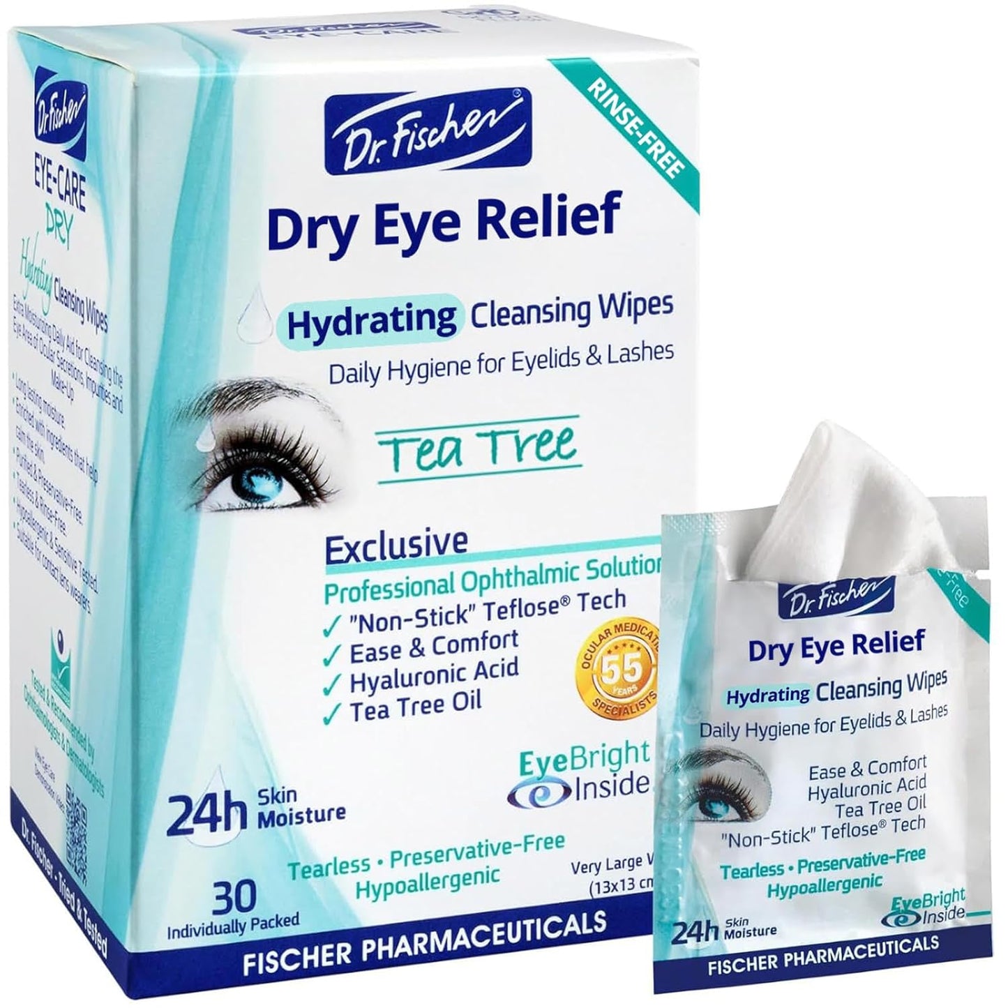 Dr. Fischer Tea Tree Eyelid Wipes - Gentle Eye Wipes for Everyday Eye Cleansing and Hypoallergenic Makeup Remover