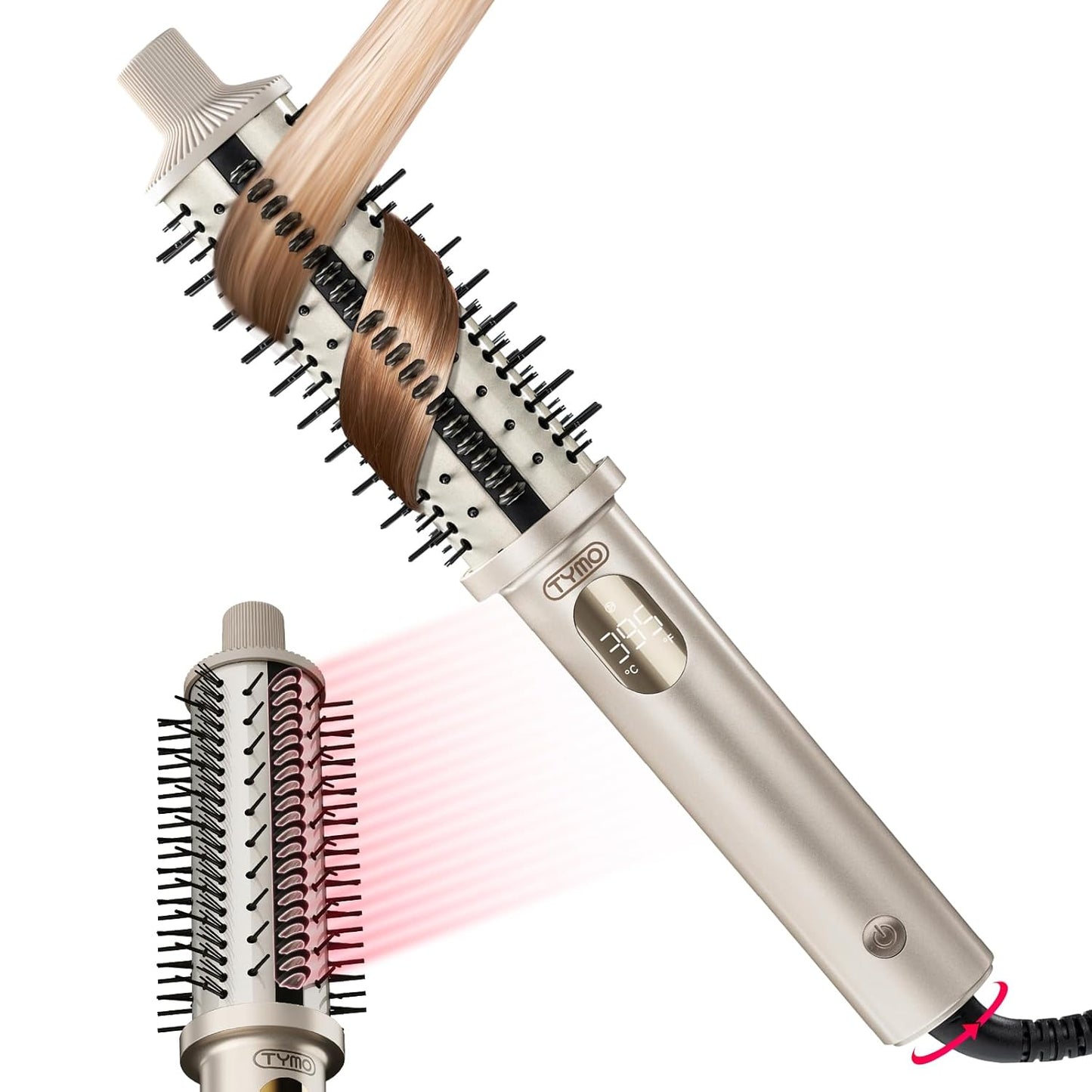 TYMO STYLUX PRO Thermal Brush Curling Brush, 1.5 Inch Blowout Heated Round Volumizer, Hair Straightener and Curler 2 in 1, 800M Negative Ion for Smoother, LCD Display, 5 Temp, Dual Voltage, Gold
