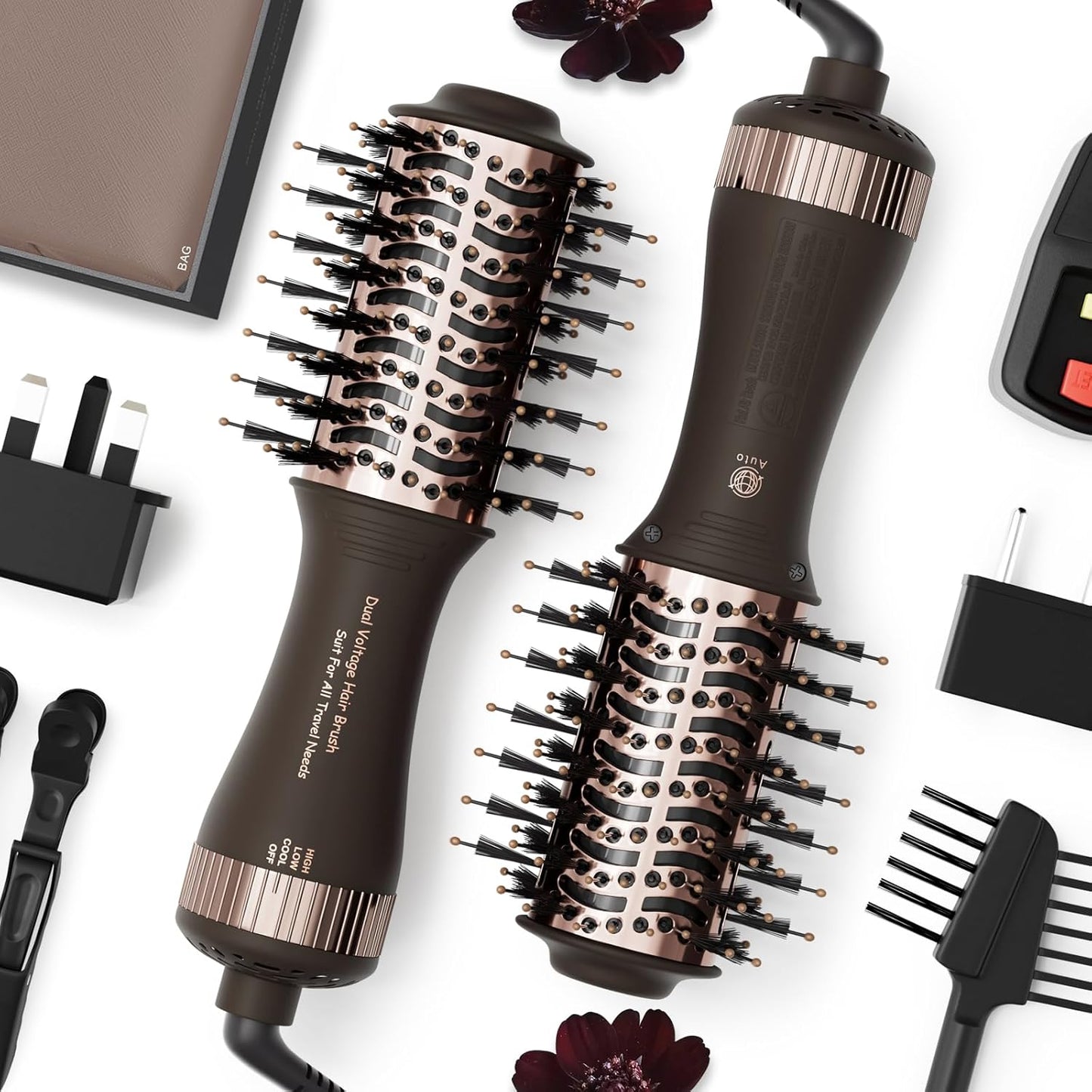Travel Dual Voltage Hair Dryer Brush 4-in- 1,Portable Mini Hot Air Blow Dryer Straightener & Curler Brush,Titanium Oval Blowout Styler Volumizer Tools-Dark Chocolate