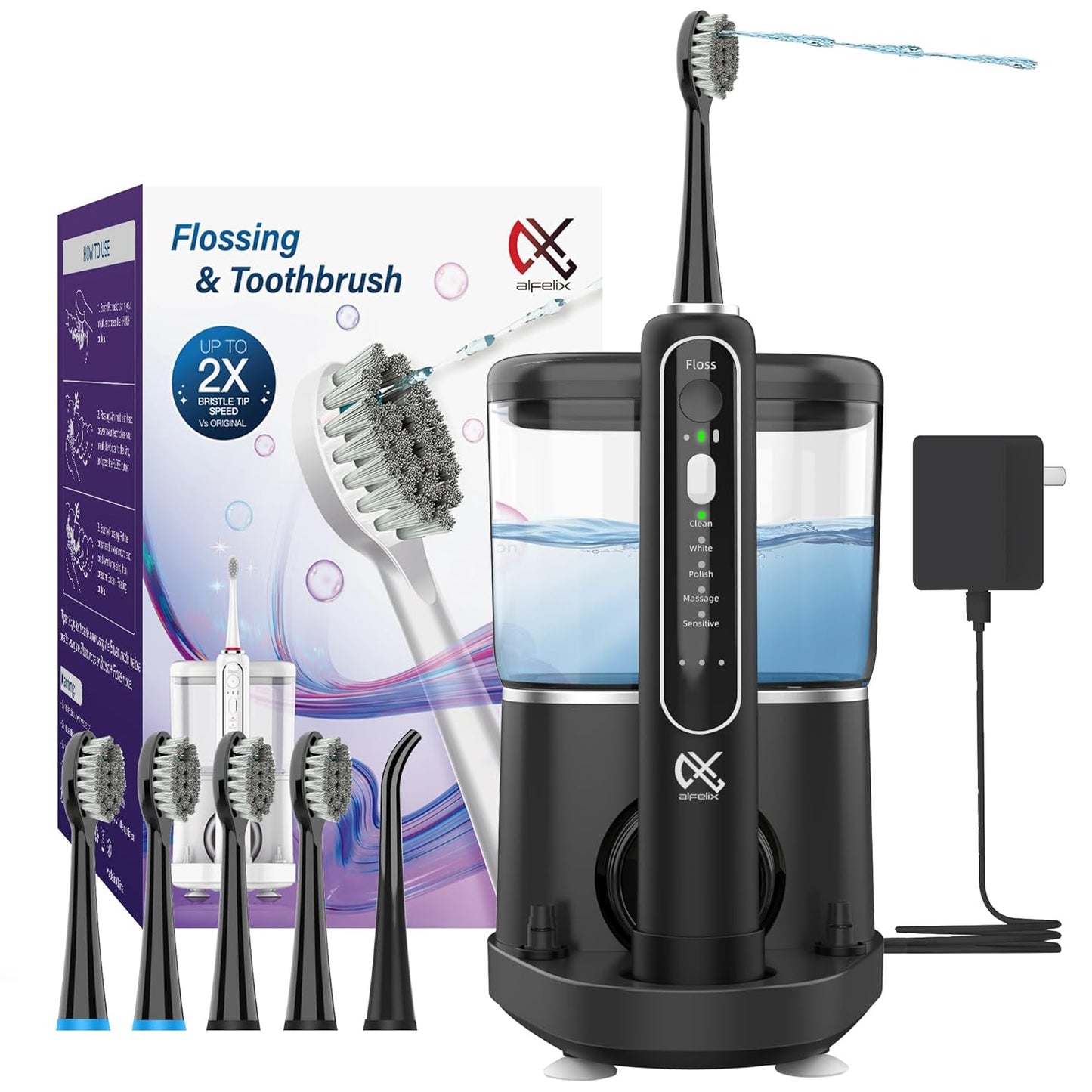 Professional Flossing Electric Toothbrush with Water Flosser, 2 in 1 Toothbrush and Water Flosser Combo, Sonic Electric Toothbrush Cordless Flossing Brush (Black)