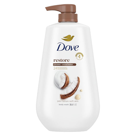 Dove Body Wash with Pump Restore Coconut & Cocoa Butter for 24hr Lotion-Soft Skin Moisturizing Skin Cleanser with No Sulfates No Parabens 30.6 Oz